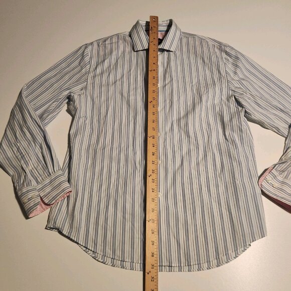 Egara Shirt Blue Striped Pink Flip Cuffs Modern Fit Stretch Mens Large - Picture 11 of 13
